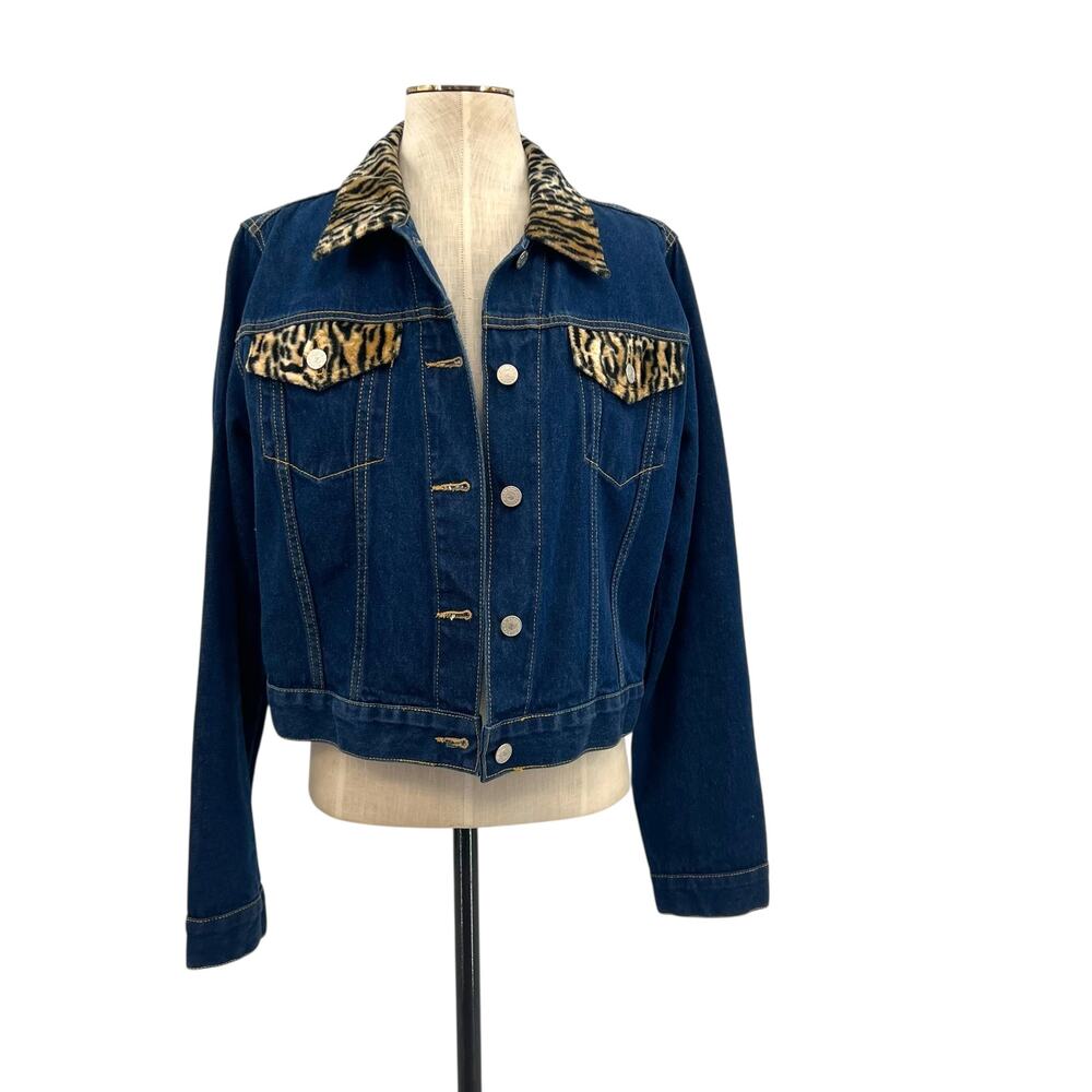 Vintage Playboy Leopard Trim Denim Jacket Y2K Cropped Jean Jacket Size Large